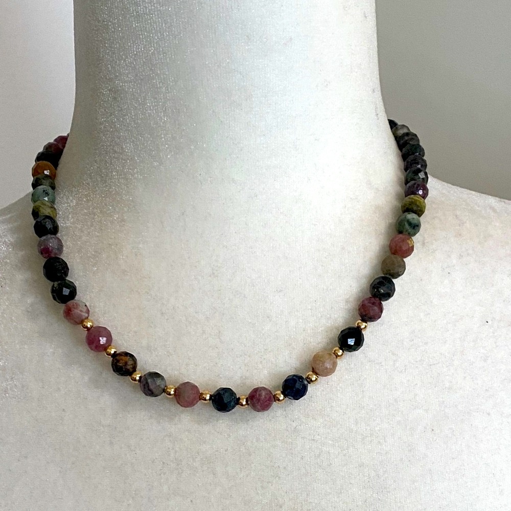 14K Gold Natural Multicolor Tourmaline Faceted Beaded Necklace New in Box